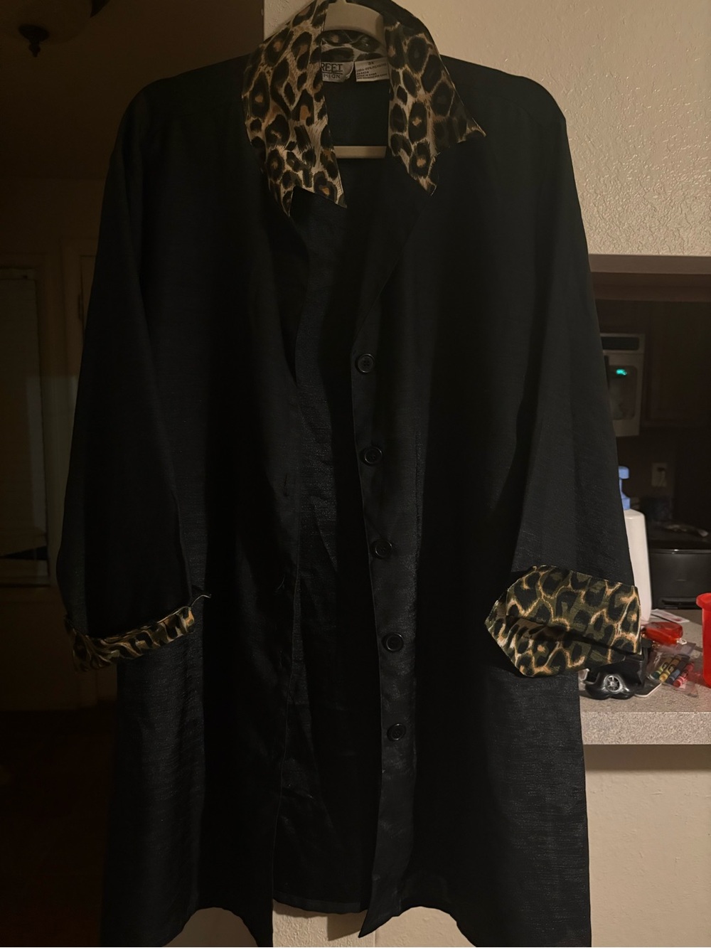 Vintage Black Trench Coat with Leopard Print Collar and Cuffs